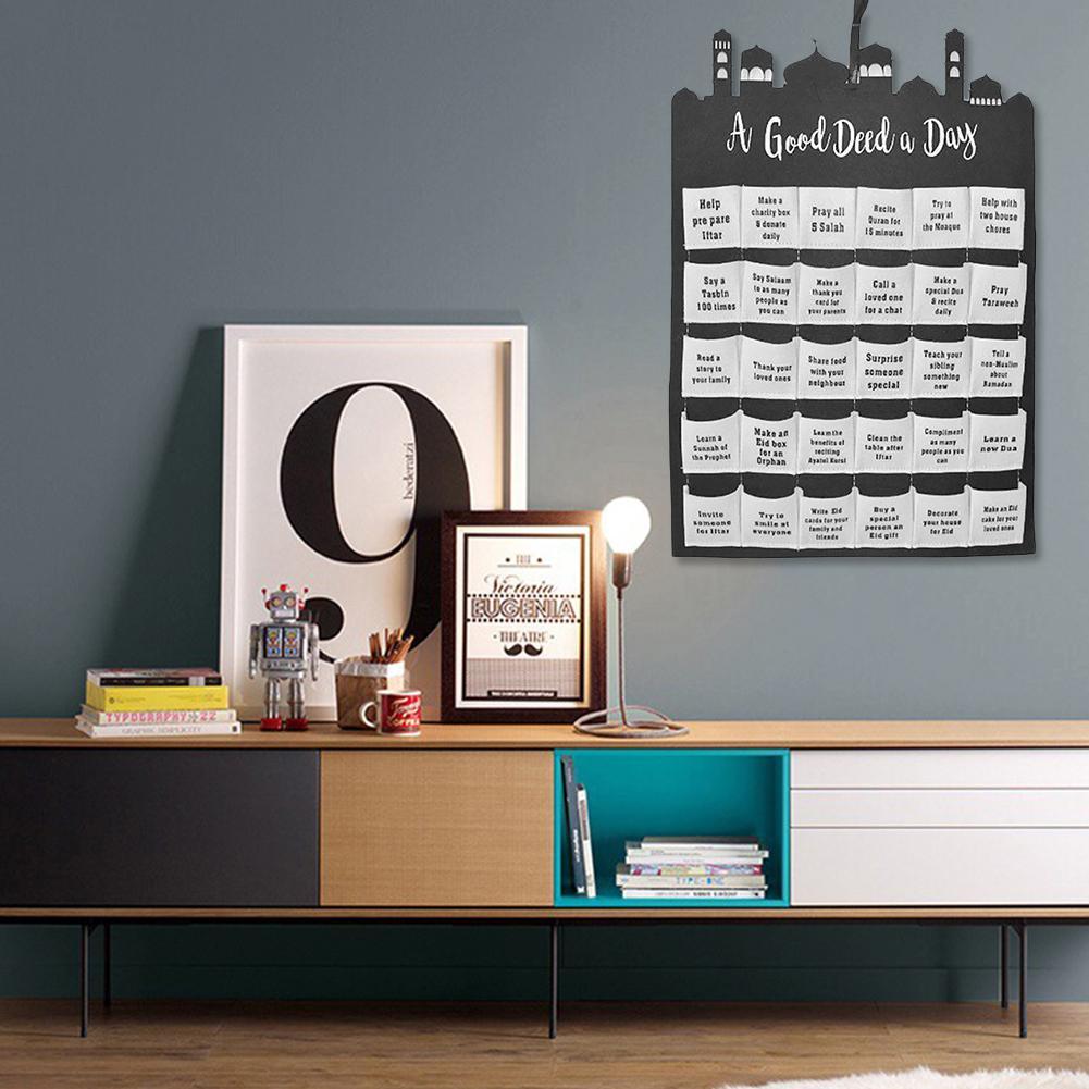 KTX-365523 Eid Mubarak Countdown Fabric Wall Calendar with Crescent Storage Bag - 40x40cm White Felt Design