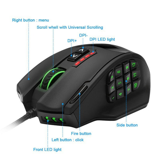 HKM-365523 High-Precision RGB Backlit Gaming Mouse with 18 Programmable Buttons and Adjustable Weights