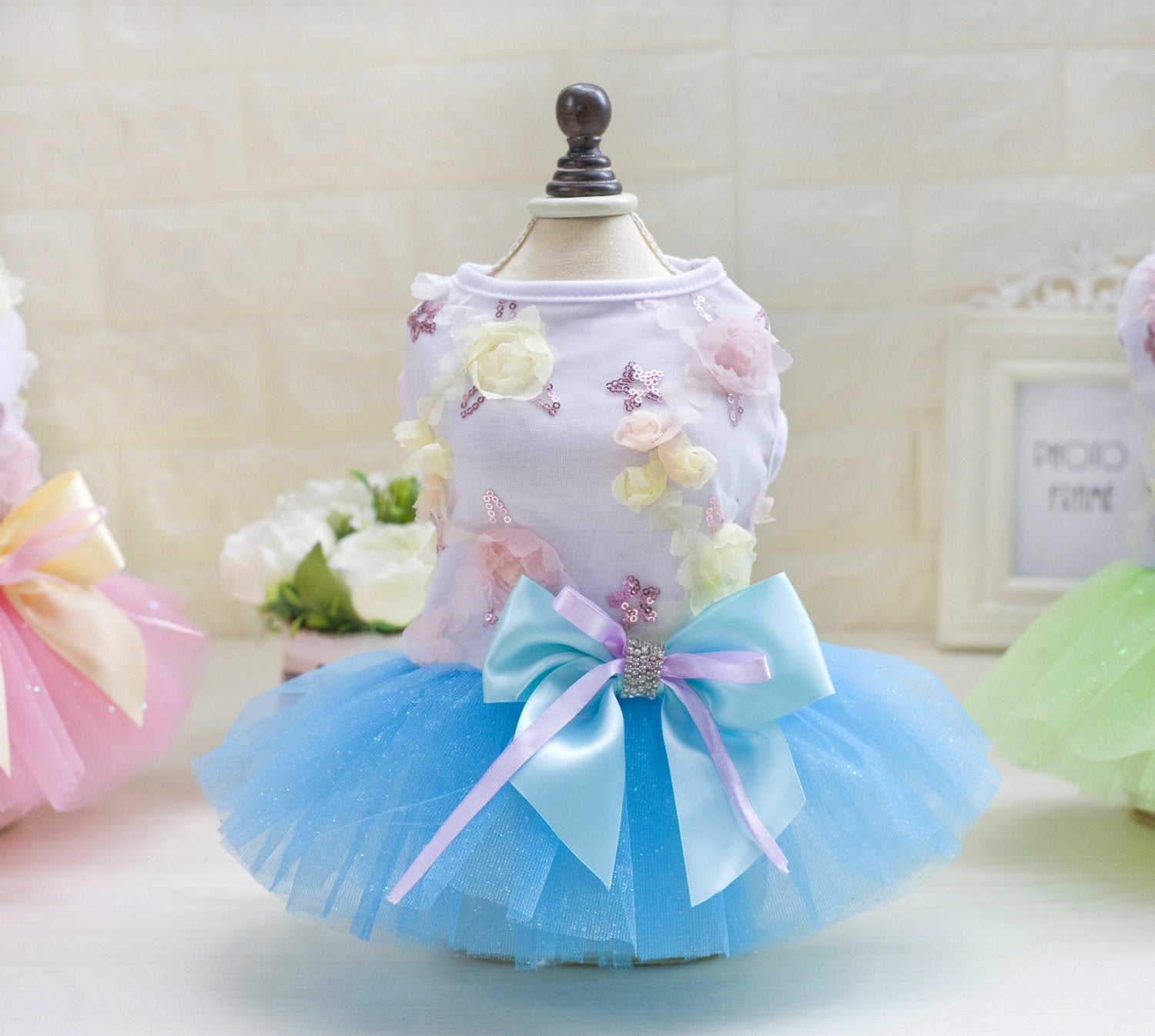 HKM-365651 Cotton Princess Skirt Dress for Dogs in Blue, Green, and Pink, Sizes XS to XL