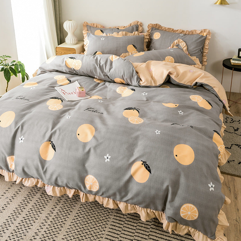 HKM-366163 Princess Style Heart Pattern Four-Piece Bed Sheet and Duvet Cover Set for 1.2m, 1.5m, and 1.8m Beds