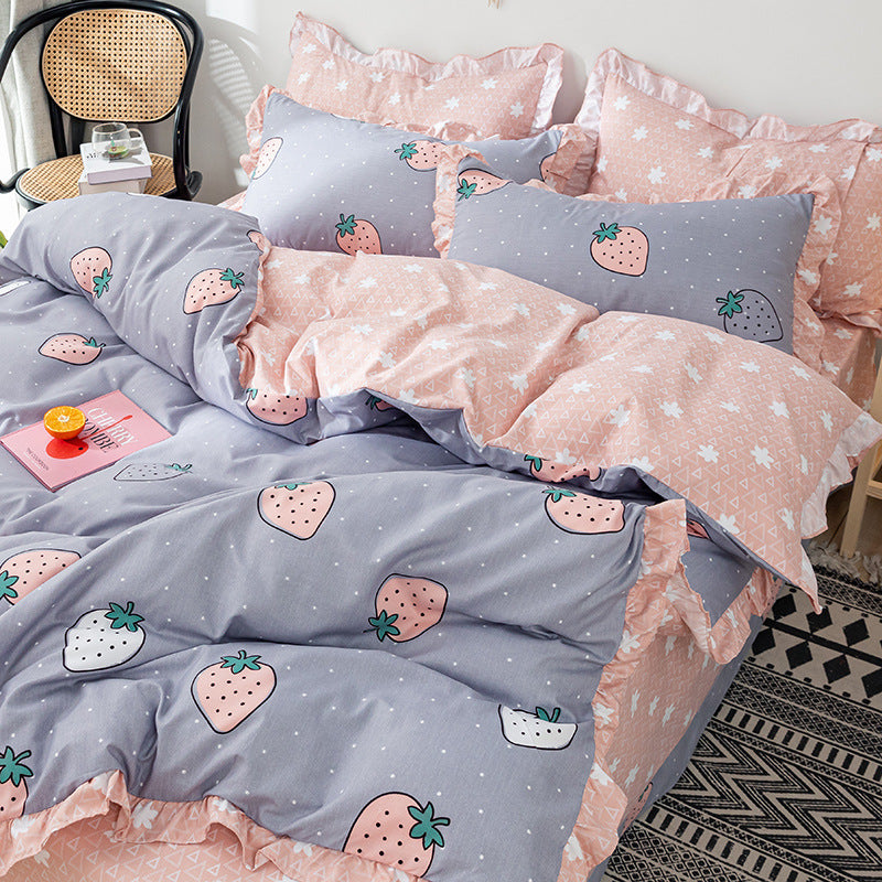 HKM-366163 Princess Style Heart Pattern Four-Piece Bed Sheet and Duvet Cover Set for 1.2m, 1.5m, and 1.8m Beds