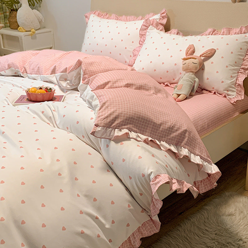 HKM-366163 Princess Style Heart Pattern Four-Piece Bed Sheet and Duvet Cover Set for 1.2m, 1.5m, and 1.8m Beds