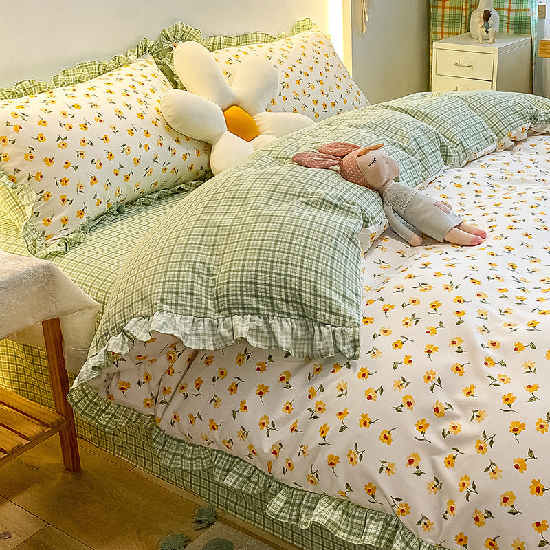HKM-366163 Princess Style Heart Pattern Four-Piece Bed Sheet and Duvet Cover Set for 1.2m, 1.5m, and 1.8m Beds