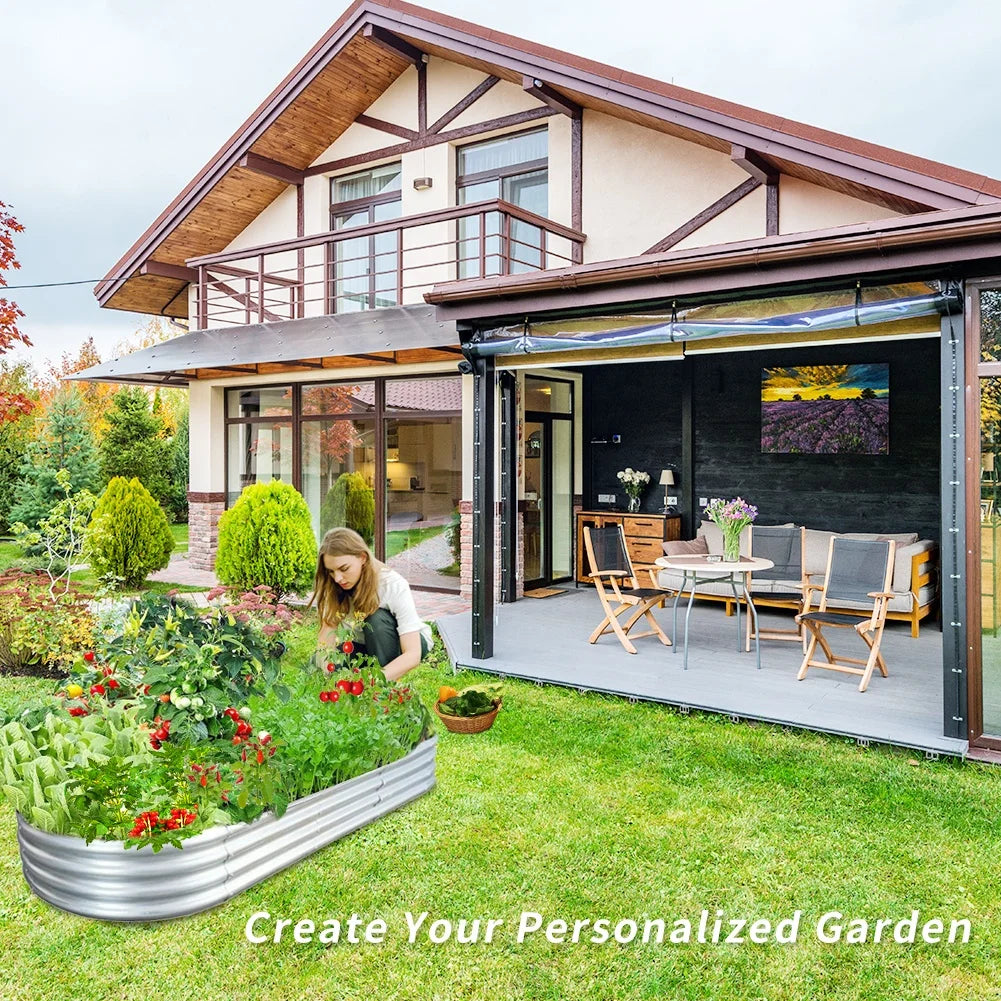 KTX-366355 Oval Galvanized Metal Raised Garden Bed Planter Box for Outdoor Gardening