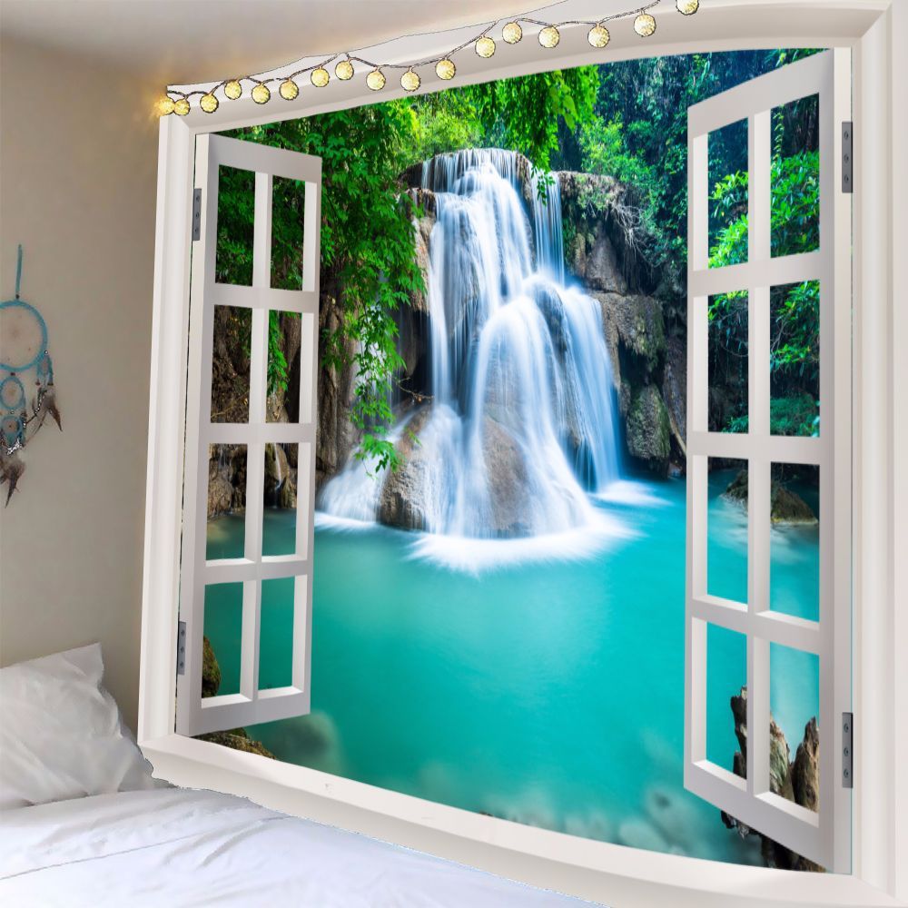 HKM-366419 Blue Starfish Landscape Tapestry Wall Hanging - Machine Washable Polyester Fiber - Mediterranean Style Decor