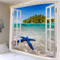 HKM-366419 Blue Starfish Landscape Tapestry Wall Hanging - Machine Washable Polyester Fiber - Mediterranean Style Decor
