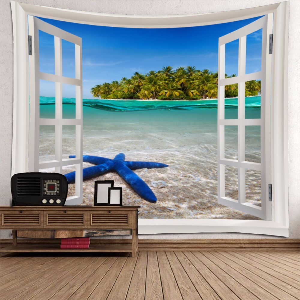 HKM-366419 Blue Starfish Landscape Tapestry Wall Hanging - Machine Washable Polyester Fiber - Mediterranean Style Decor