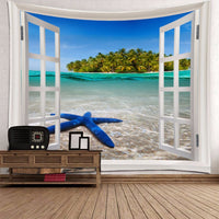HKM-366419 Blue Starfish Landscape Tapestry Wall Hanging - Machine Washable Polyester Fiber - Mediterranean Style Decor