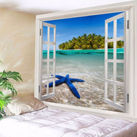 HKM-366419 Blue Starfish Landscape Tapestry Wall Hanging - Machine Washable Polyester Fiber - Mediterranean Style Decor
