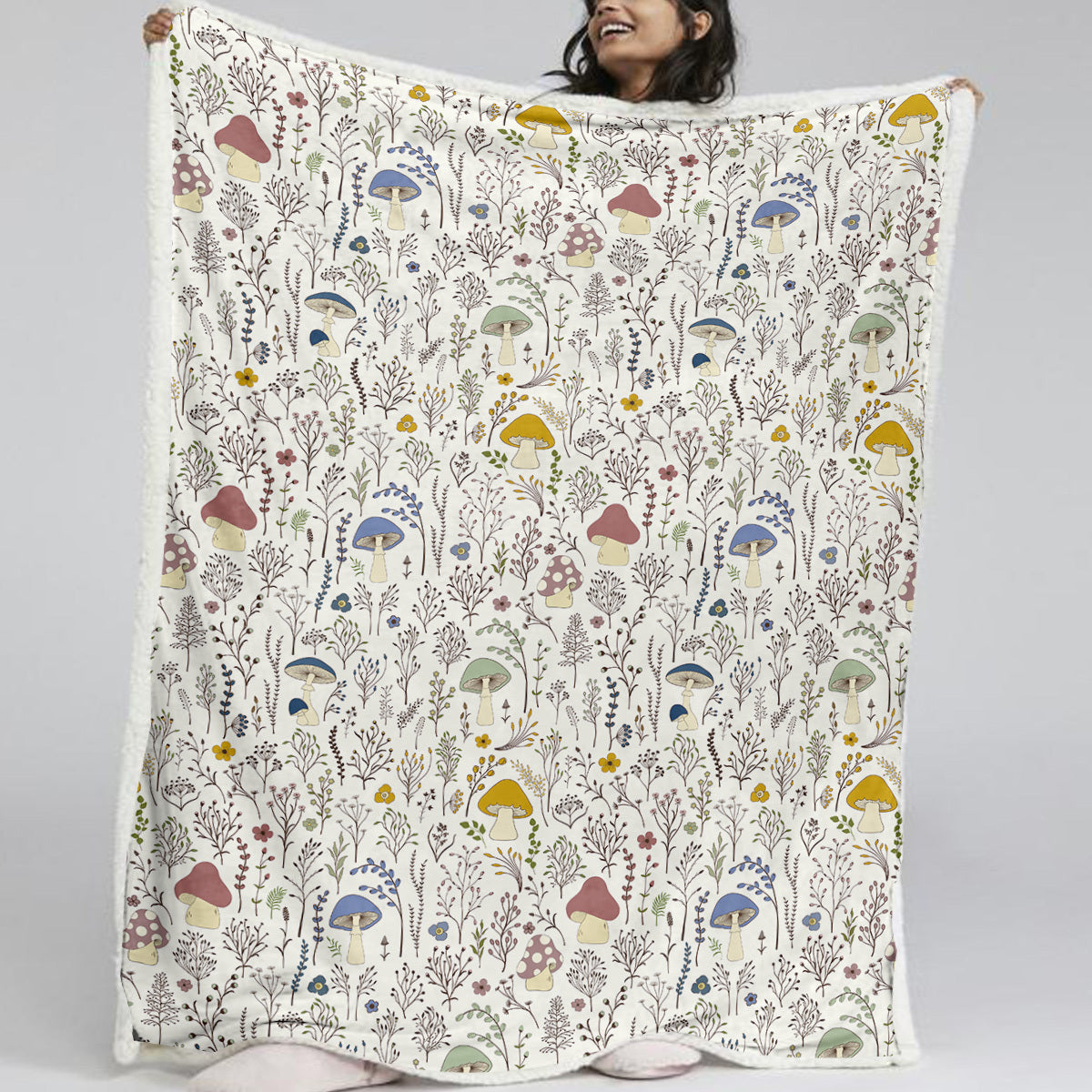 HKM-366995 Cozy Lamb Wool Sherpa Fleece Blanket in Tree Leaf Mushroom Design – Perfect for Couch, Office, and Camping