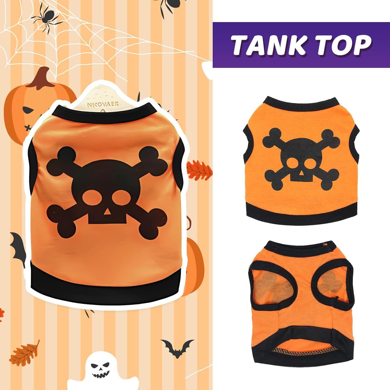 HKM-367315 Halloween Skull Bones Pet Tank Top for Dogs and Cats, Stretchy Cotton Costume for Small and Medium Breeds