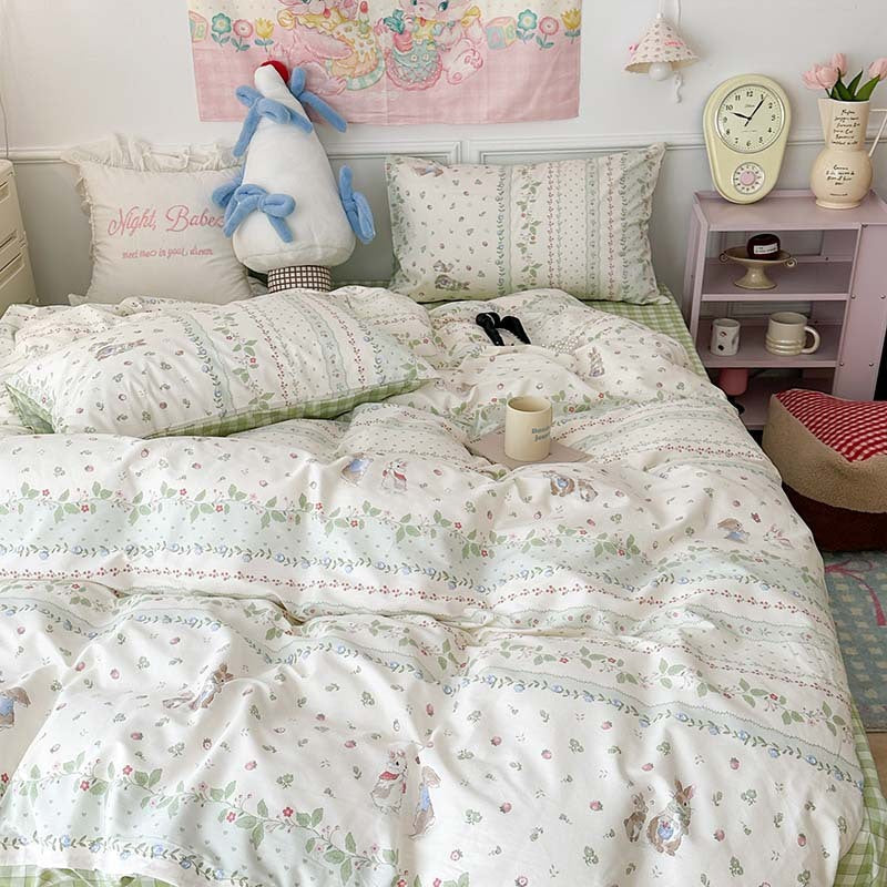 HKM-367315 Plant and Flower Printed Cotton Bedding Set - 4-Piece Bed Sheet Collection