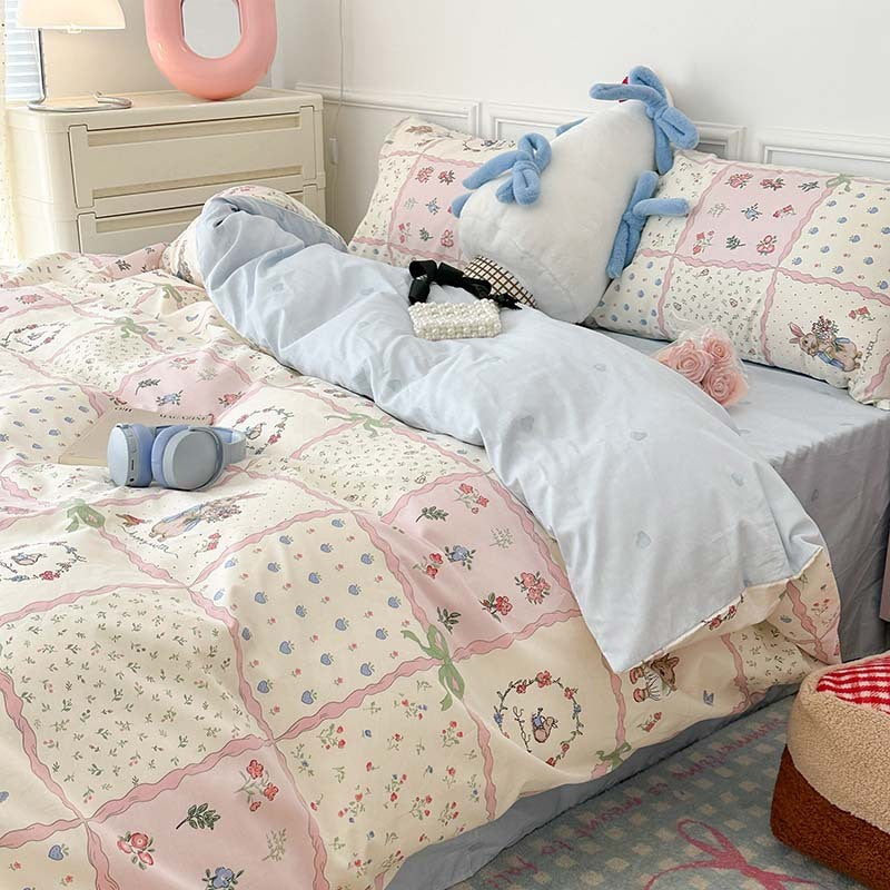 HKM-367315 Plant and Flower Printed Cotton Bedding Set - 4-Piece Bed Sheet Collection