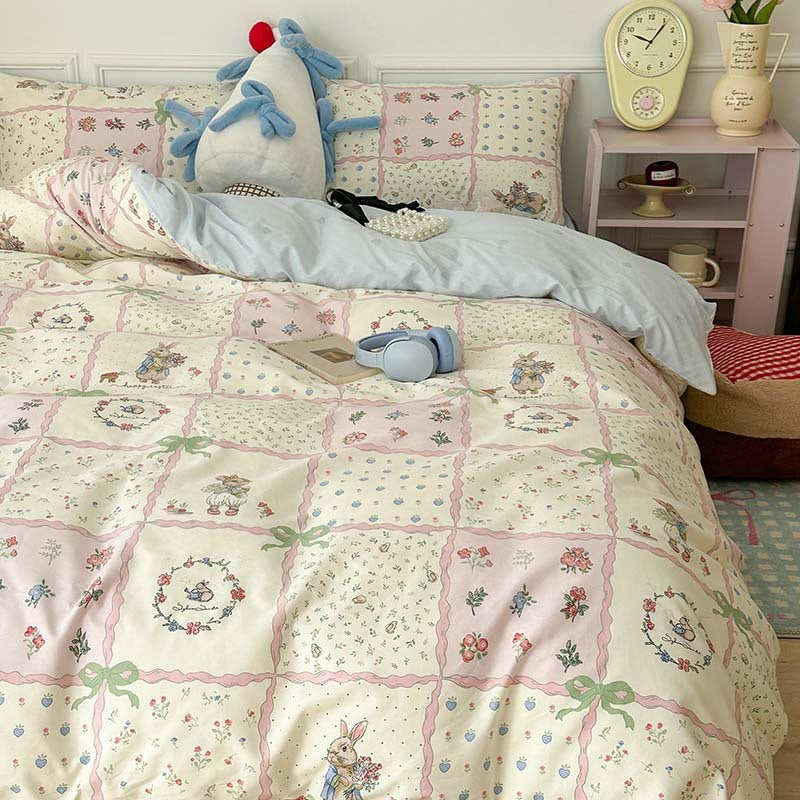 HKM-367315 Plant and Flower Printed Cotton Bedding Set - 4-Piece Bed Sheet Collection