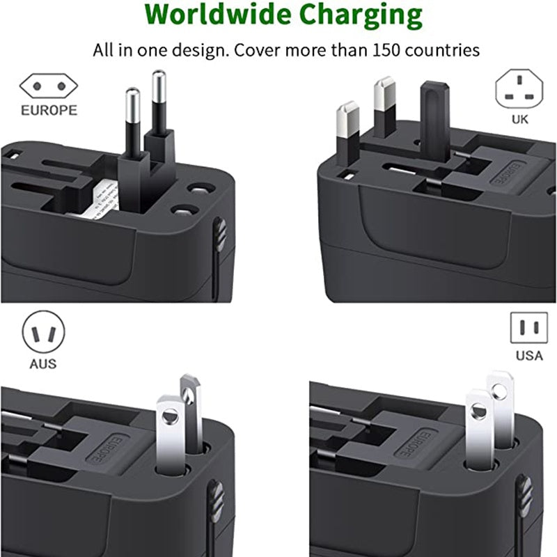 HKM-367507 Universal Worldwide Travel Adapter with USB-C and USB-A Ports for Multiple Countries