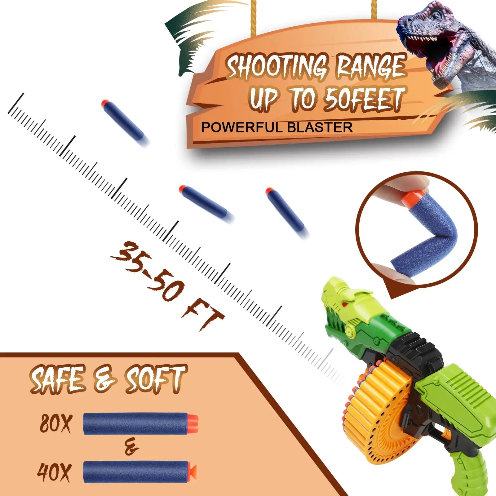 HKM-367955 Dinosaur-Themed Soft Bullet Foam Blasters Set with 120 Foam Bullets for Ages 2 and Up