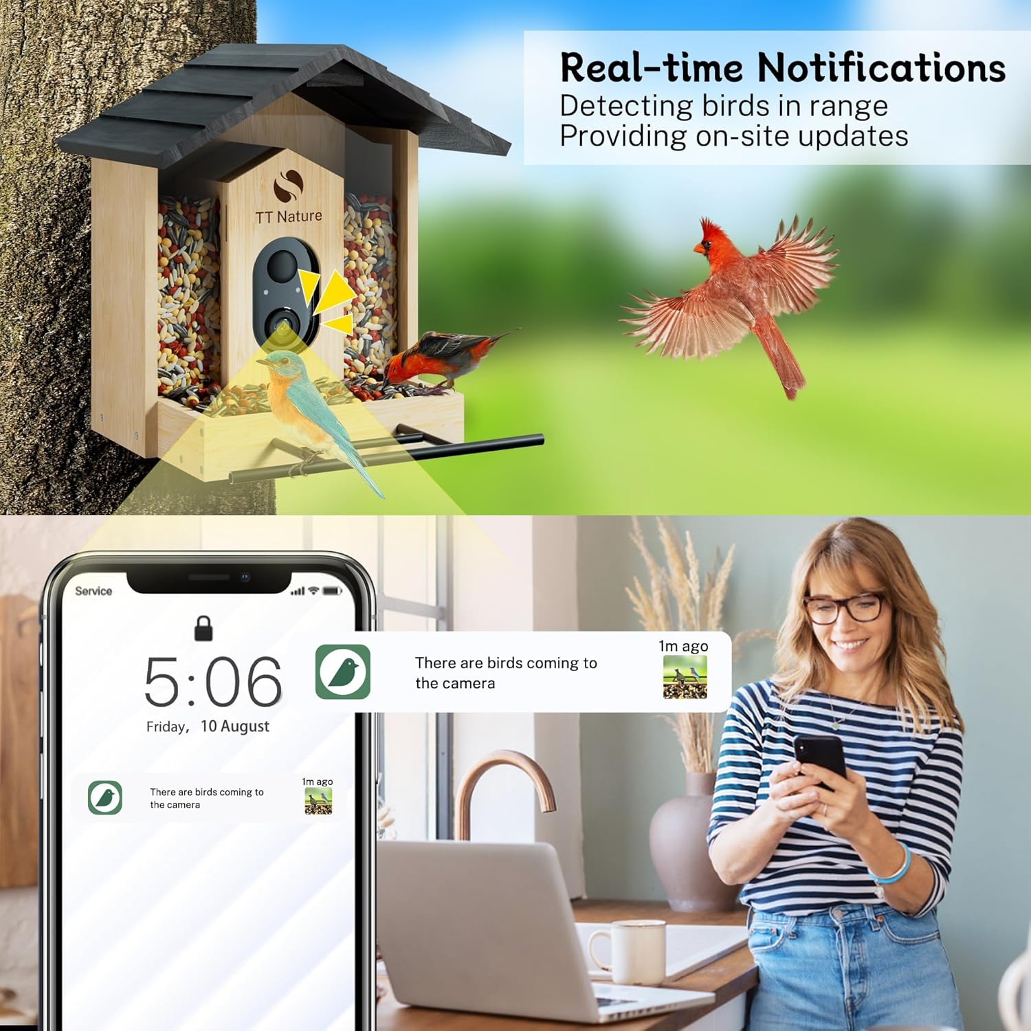 HKM-368339 Smart Bird Feeder with Camera, 1.5L Capacity, AI Bird Recognition, 1080P Resolution, Night Vision, and Multi-Device Sharing