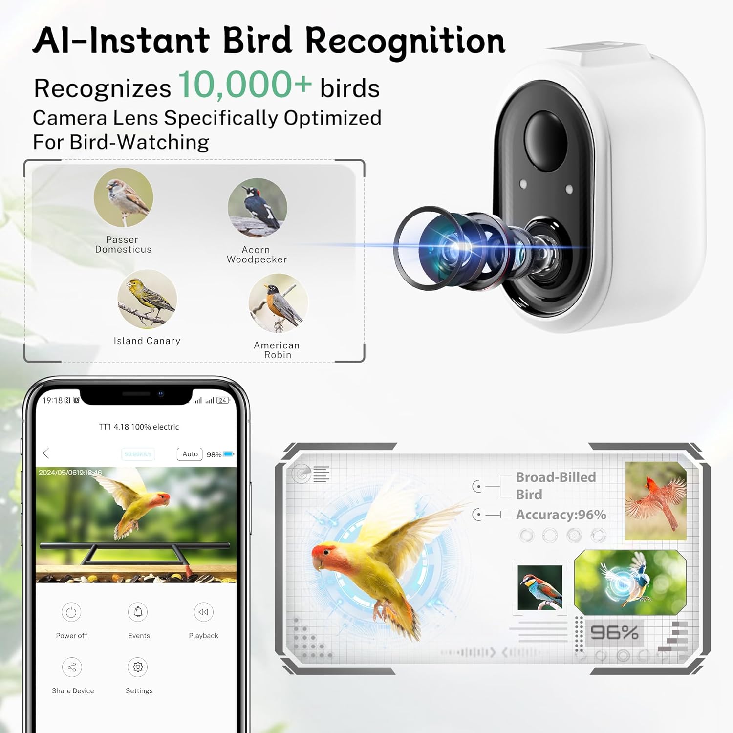 HKM-368339 Smart Bird Feeder with Camera, 1.5L Capacity, AI Bird Recognition, 1080P Resolution, Night Vision, and Multi-Device Sharing