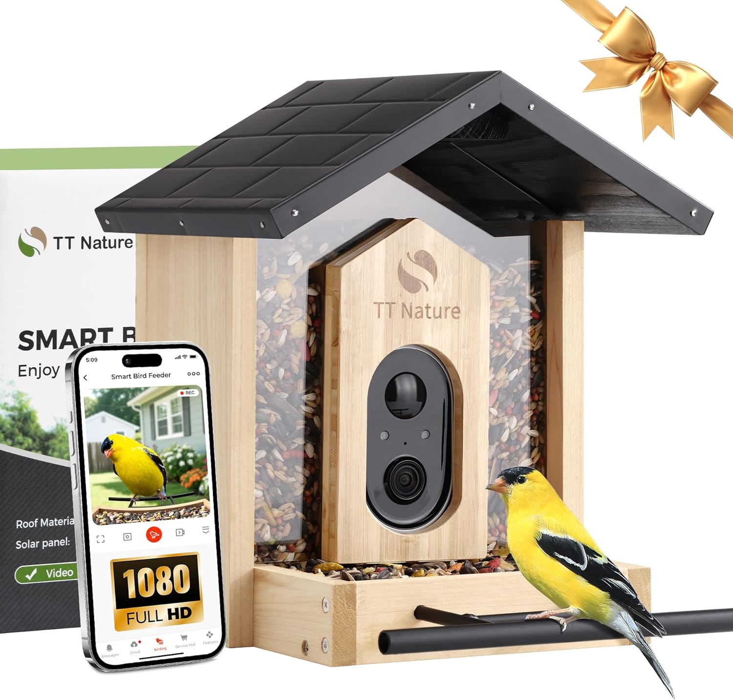 HKM-368339 Smart Bird Feeder with Camera, 1.5L Capacity, AI Bird Recognition, 1080P Resolution, Night Vision, and Multi-Device Sharing