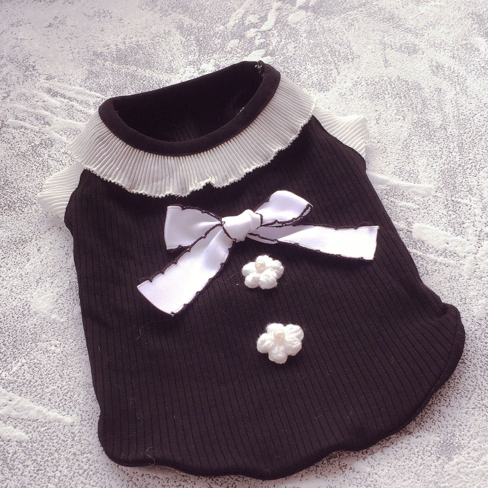HKM-368723 Black and White Floral Knot Vest for Dogs - Casual Cotton Pet Clothing