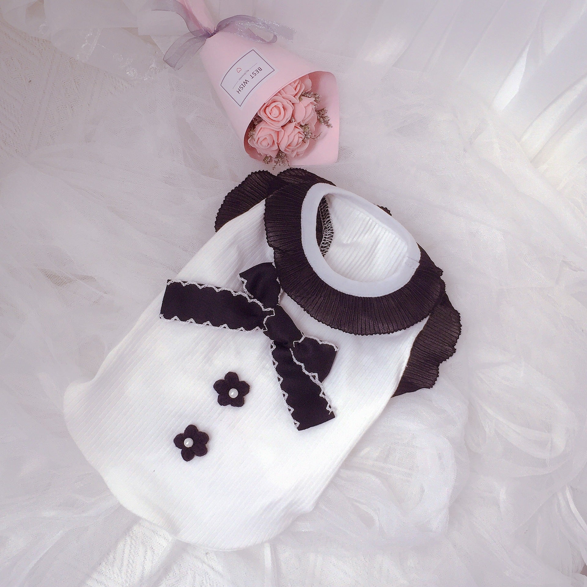 HKM-368723 Black and White Floral Knot Vest for Dogs - Casual Cotton Pet Clothing