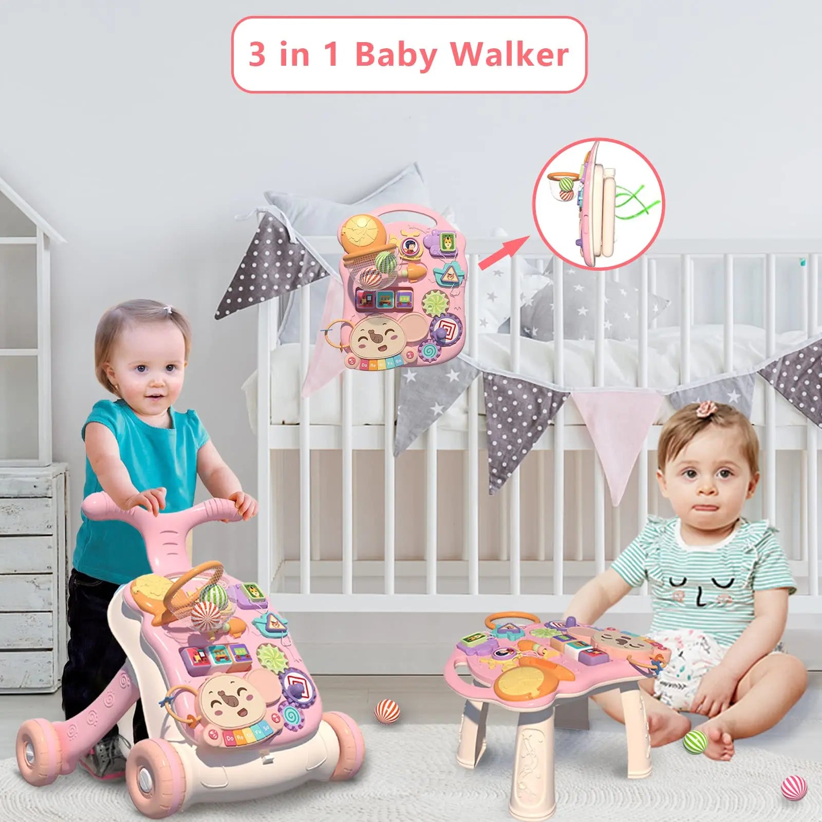 HKM-369107 3-in-1 Multifunctional Baby Walker and Activity Center - Adjustable Infant Stroller with Foldable Design, Suitable for Ages 0-3 Years
