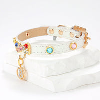 HKM-369299 Elegant White PU Cat Collar with Diamond Alloy Bow - Sizes XS to L Available