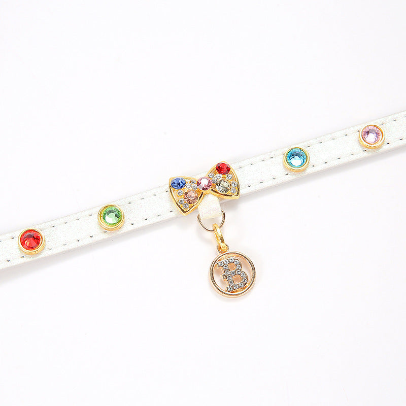 HKM-369299 Elegant White PU Cat Collar with Diamond Alloy Bow - Sizes XS to L Available