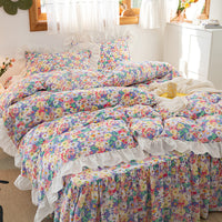 HKM-369619 Floral Cotton Bed Skirt and Bedding Set - 4 Pieces for Multiple Bed Sizes