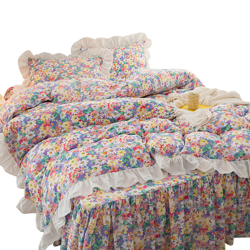 HKM-369619 Floral Cotton Bed Skirt and Bedding Set - 4 Pieces for Multiple Bed Sizes