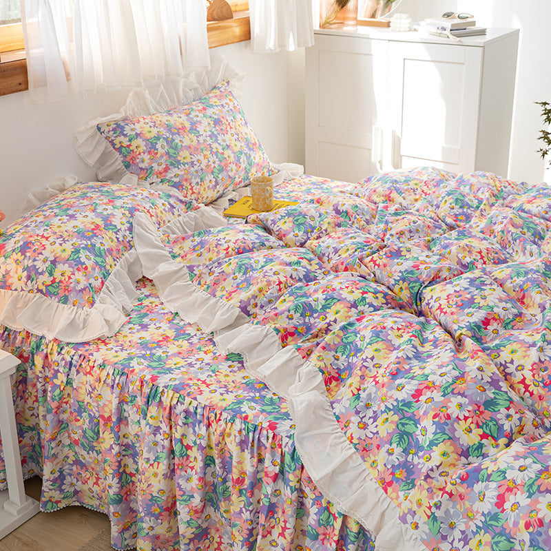 HKM-369619 Floral Cotton Bed Skirt and Bedding Set - 4 Pieces for Multiple Bed Sizes