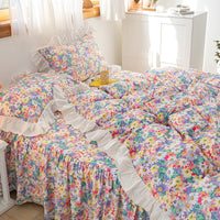 HKM-369619 Floral Cotton Bed Skirt and Bedding Set - 4 Pieces for Multiple Bed Sizes