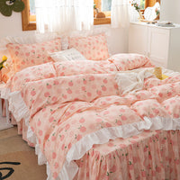 HKM-369619 Floral Cotton Bed Skirt and Bedding Set - 4 Pieces for Multiple Bed Sizes