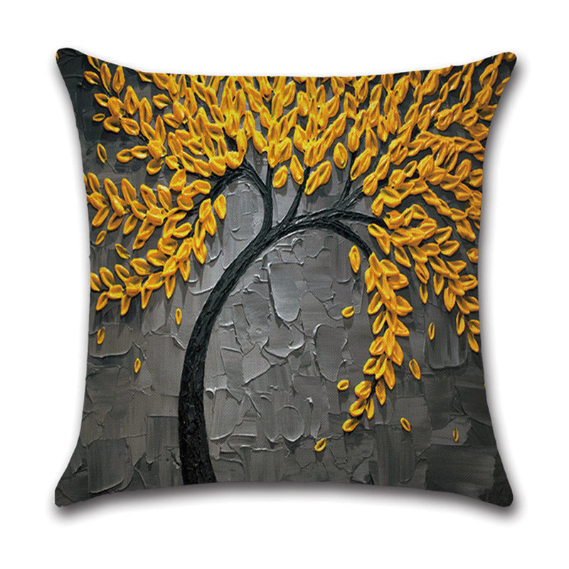 HKM-370131 Linen Autumn Landscape Pillow Cover with Floral and Leaf Patterns, 45x45cm