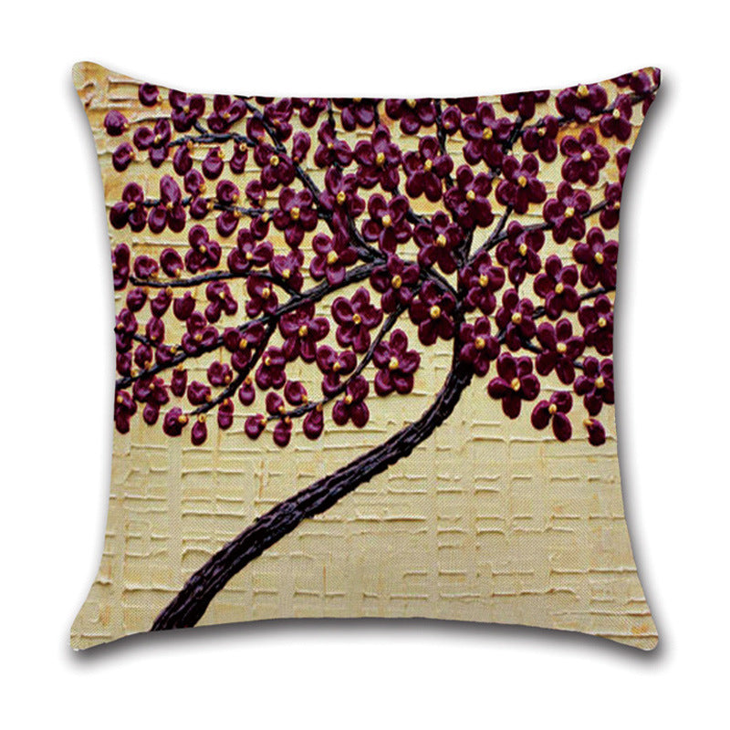 HKM-370131 Linen Autumn Landscape Pillow Cover with Floral and Leaf Patterns, 45x45cm