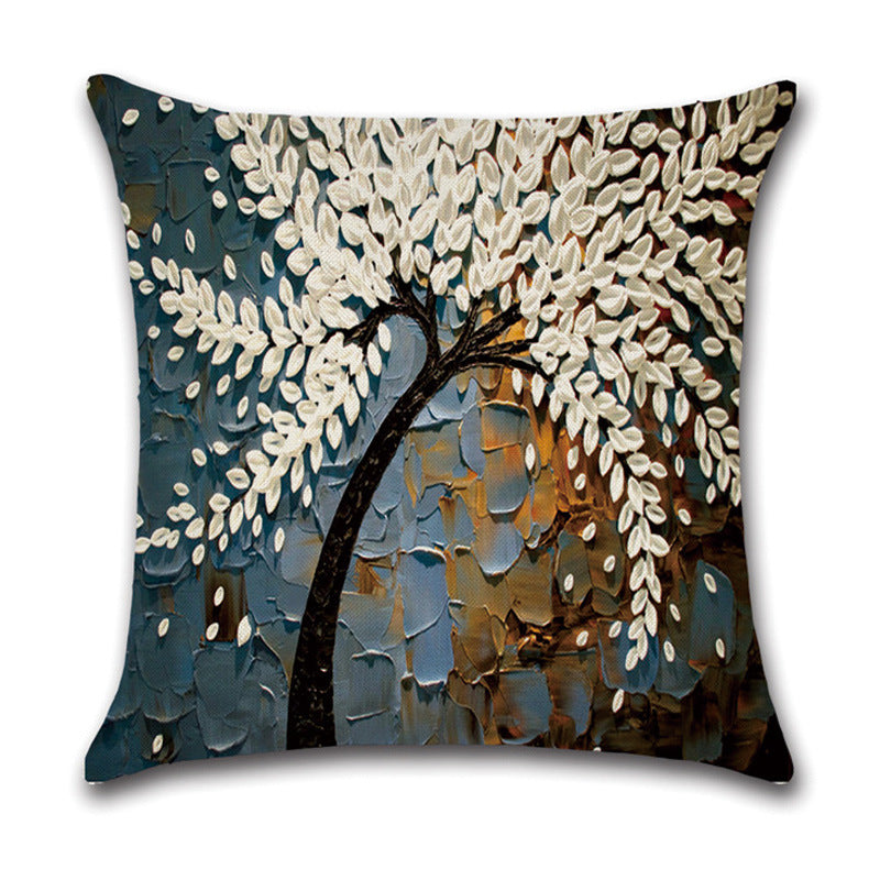 HKM-370131 Linen Autumn Landscape Pillow Cover with Floral and Leaf Patterns, 45x45cm