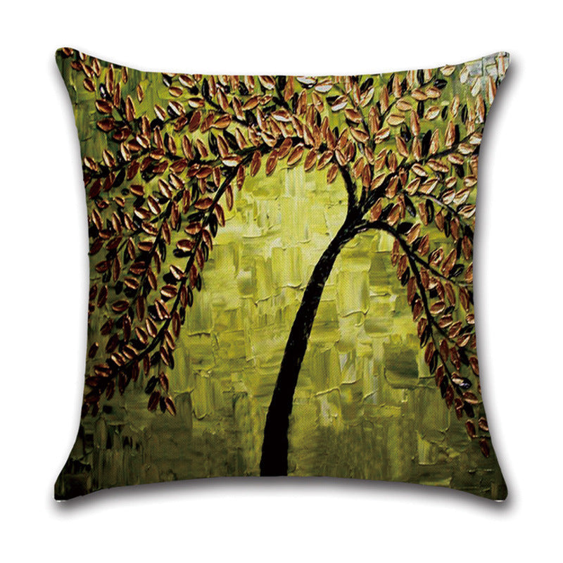 HKM-370131 Linen Autumn Landscape Pillow Cover with Floral and Leaf Patterns, 45x45cm