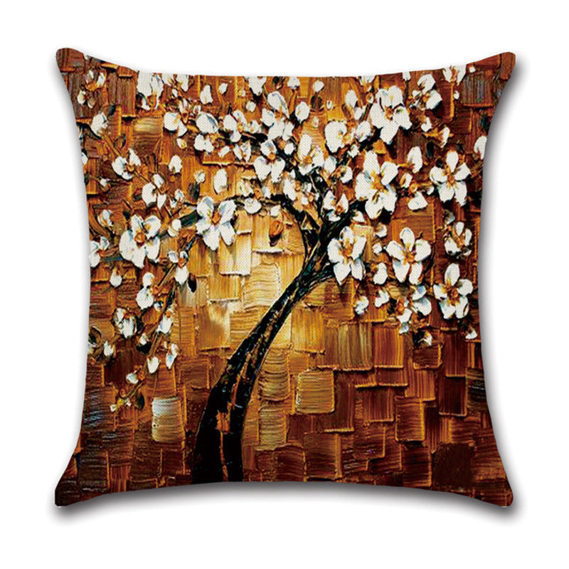 HKM-370131 Linen Autumn Landscape Pillow Cover with Floral and Leaf Patterns, 45x45cm