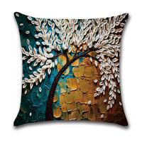 HKM-370131 Linen Autumn Landscape Pillow Cover with Floral and Leaf Patterns, 45x45cm