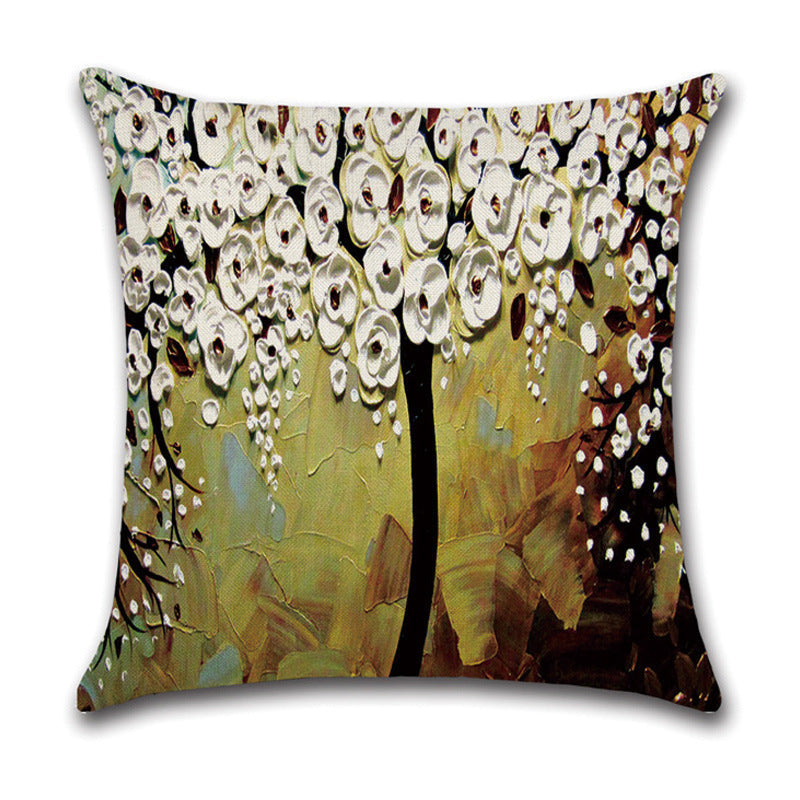 HKM-370131 Linen Autumn Landscape Pillow Cover with Floral and Leaf Patterns, 45x45cm