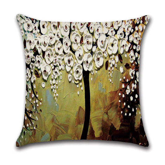KTX-370131 Linen Autumn Landscape Pillow Cover with Floral and Leaf Patterns, 45x45cm