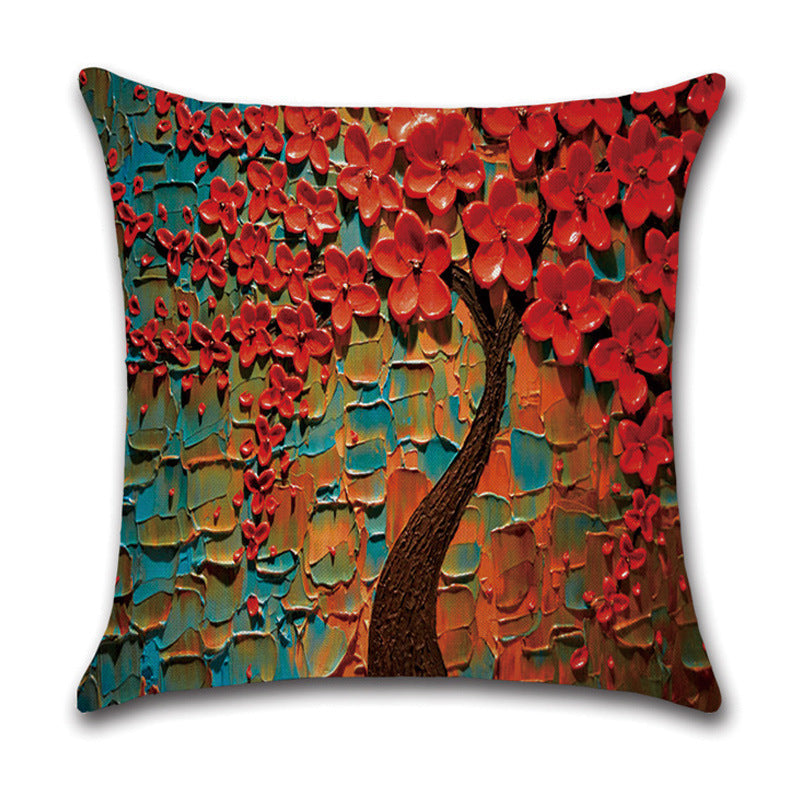 HKM-370131 Linen Autumn Landscape Pillow Cover with Floral and Leaf Patterns, 45x45cm