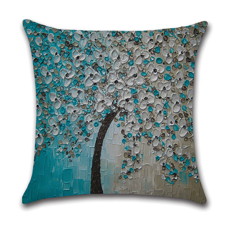 HKM-370131 Linen Autumn Landscape Pillow Cover with Floral and Leaf Patterns, 45x45cm