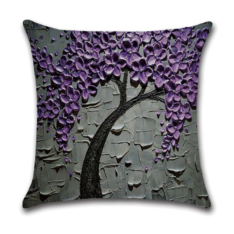 HKM-370131 Linen Autumn Landscape Pillow Cover with Floral and Leaf Patterns, 45x45cm