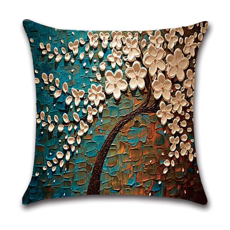 HKM-370131 Linen Autumn Landscape Pillow Cover with Floral and Leaf Patterns, 45x45cm