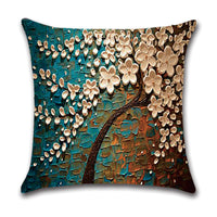 HKM-370131 Linen Autumn Landscape Pillow Cover with Floral and Leaf Patterns, 45x45cm