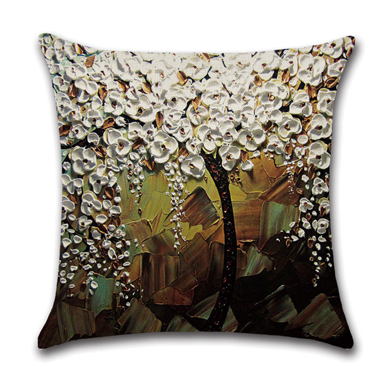 HKM-370131 Linen Autumn Landscape Pillow Cover with Floral and Leaf Patterns, 45x45cm