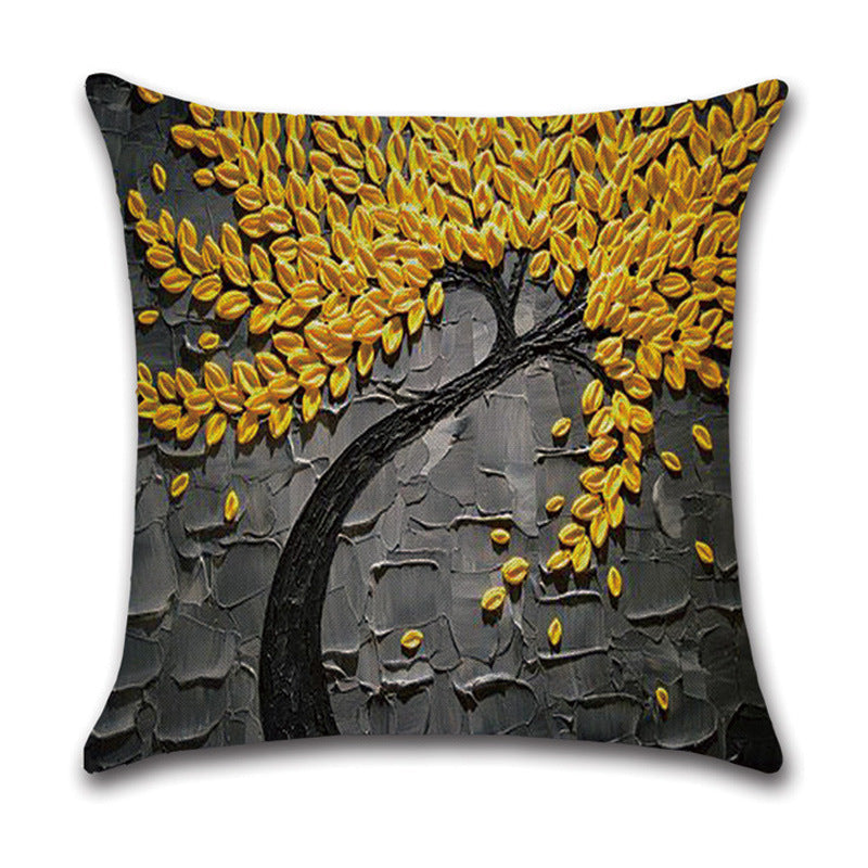 HKM-370131 Linen Autumn Landscape Pillow Cover with Floral and Leaf Patterns, 45x45cm