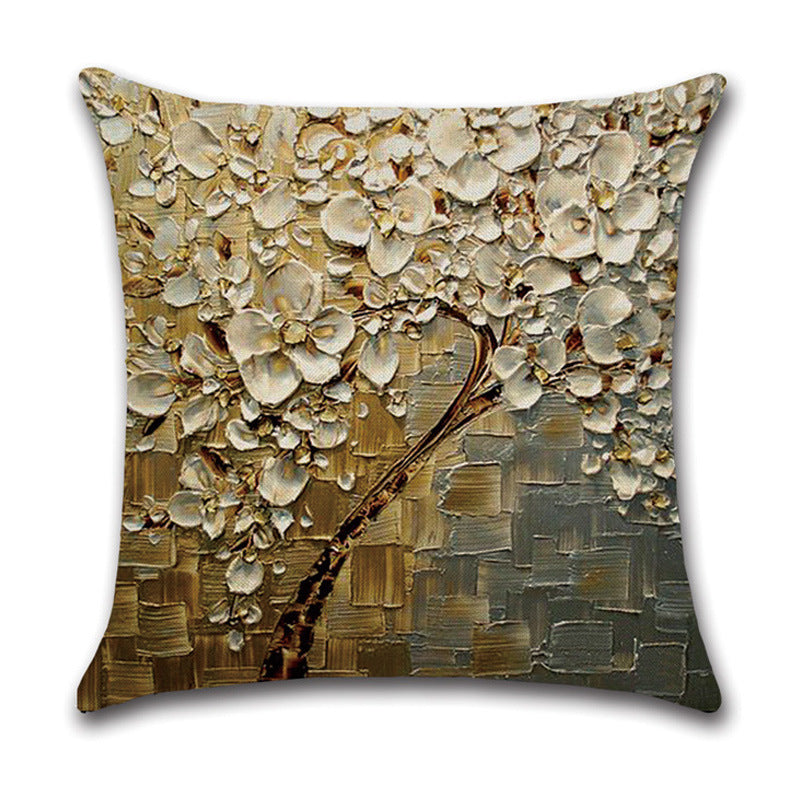 HKM-370131 Linen Autumn Landscape Pillow Cover with Floral and Leaf Patterns, 45x45cm