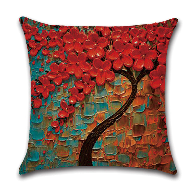 HKM-370131 Linen Autumn Landscape Pillow Cover with Floral and Leaf Patterns, 45x45cm